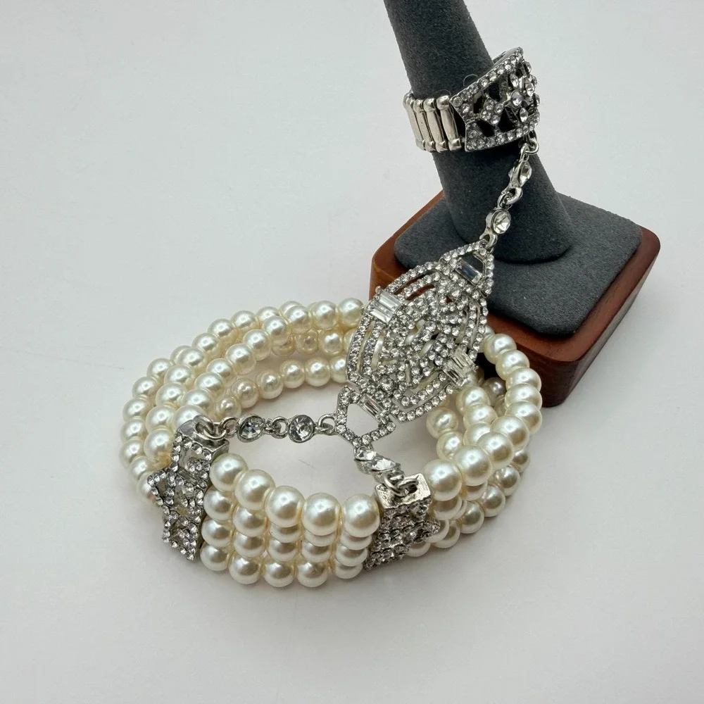 Vintage 50s Style‎ Triple Row Faux Pearl Rhinestone Statement Bracelet Jewelry